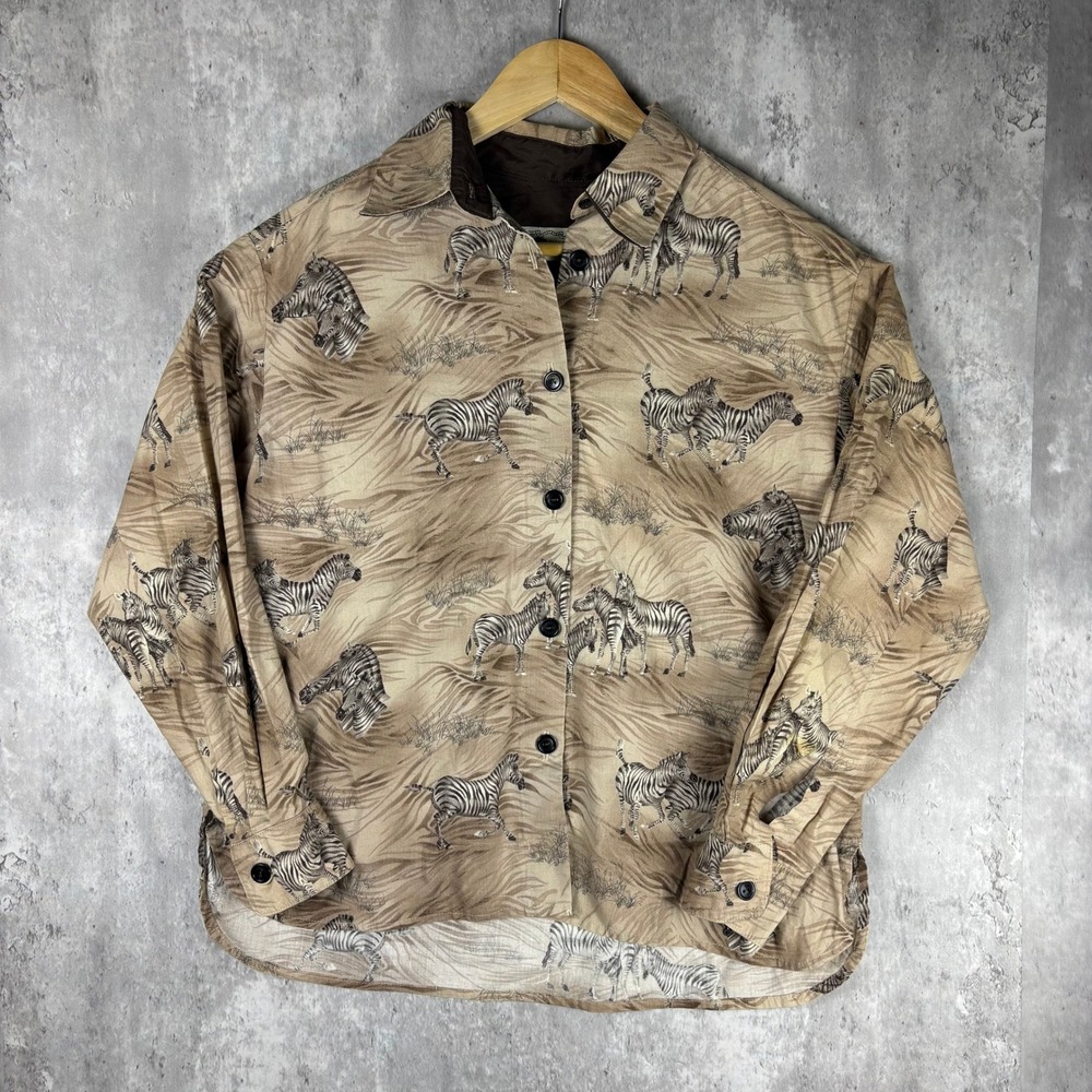 Handmade by Kay Beach Zebra Safari Print Button Up Shirt Tan Brown Long Sleeve